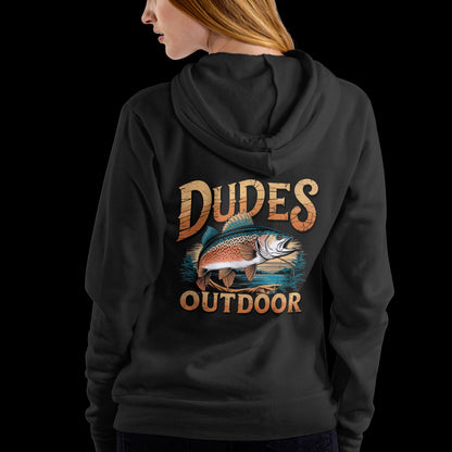 Exklusiver 'Dudes Outdoor' Hoodie – Fischmotiv & cooler Schriftzug, beidseitig bedruckt - Premium Unisex Hoodie