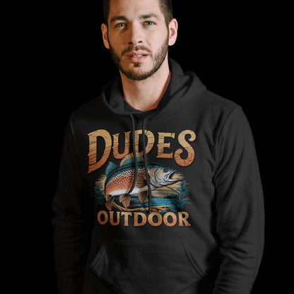 Exklusiver 'Dudes Outdoor' Hoodie – Fischmotiv & cooler Schriftzug, beidseitig bedruckt - Premium Unisex Hoodie