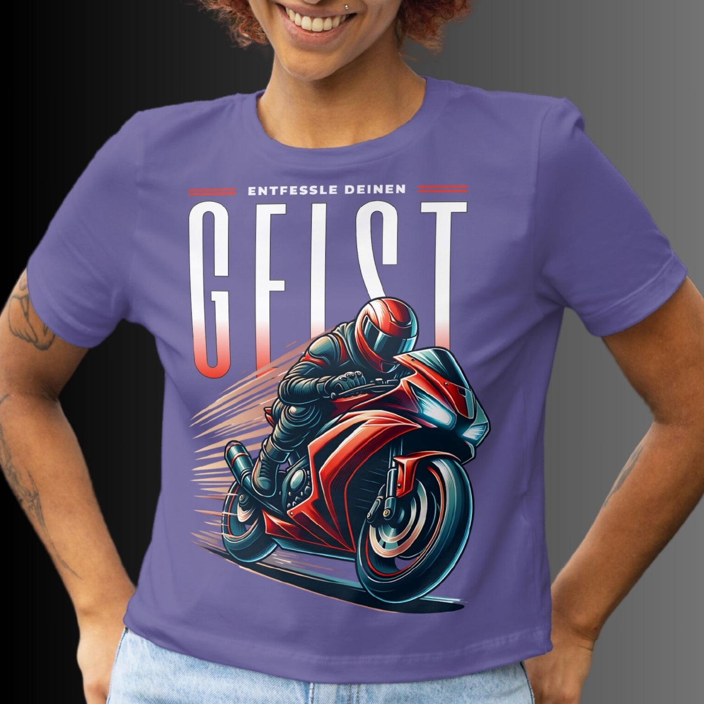 T-Shirt mit rotem Motorrad Motiv - Entfessle deinen Geist | Perfekte Motorradbekleidung für Biker und Motorradfahrer - Premium Shirt