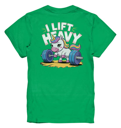 Kinder T-Shirt 'I Lift Heavy' mit Einhorn-Motiv beim Gewichtheben - Kids Premium Shirt