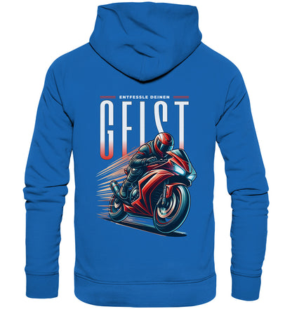 Biker Hoodie mit rotem Motorradmotiv & Spruch 'Entfessle deinen Geist' - Premium Unisex Hoodie