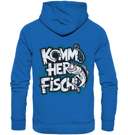 Beidseitig Bedruckter Hoodie - Anglerbekleidung mit Fischmotiv und Spruch: 'Komm her Fischi'  - Premium Unisex Hoodie