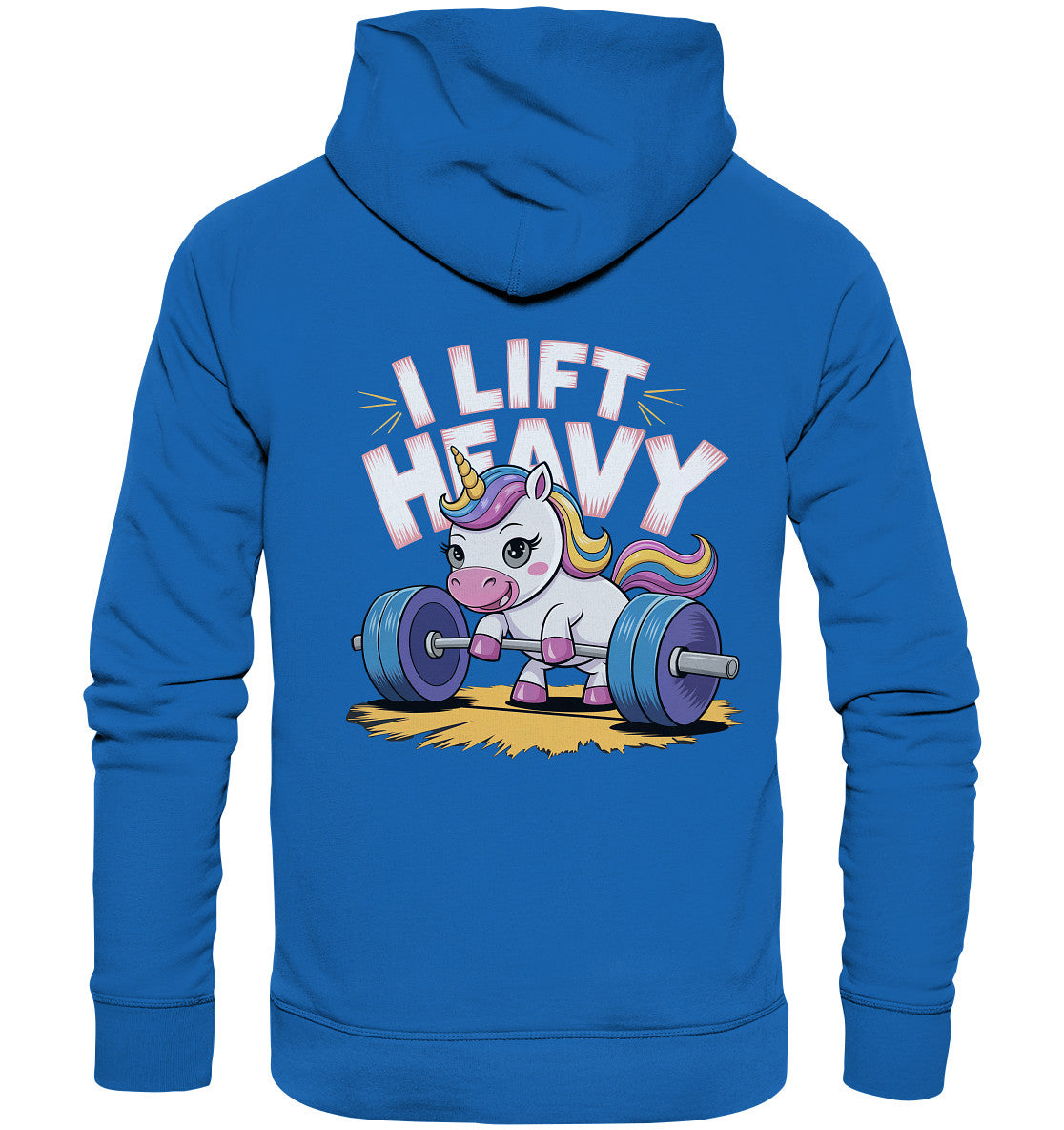 Beidseitig bedruckter Hoodie - Einhorn beim Gewichtheben mit Spruch 'I Lift Heavy' - Premium Unisex Hoodie