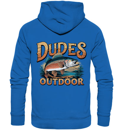 Exklusiver 'Dudes Outdoor' Hoodie – Fischmotiv & cooler Schriftzug, beidseitig bedruckt - Premium Unisex Hoodie