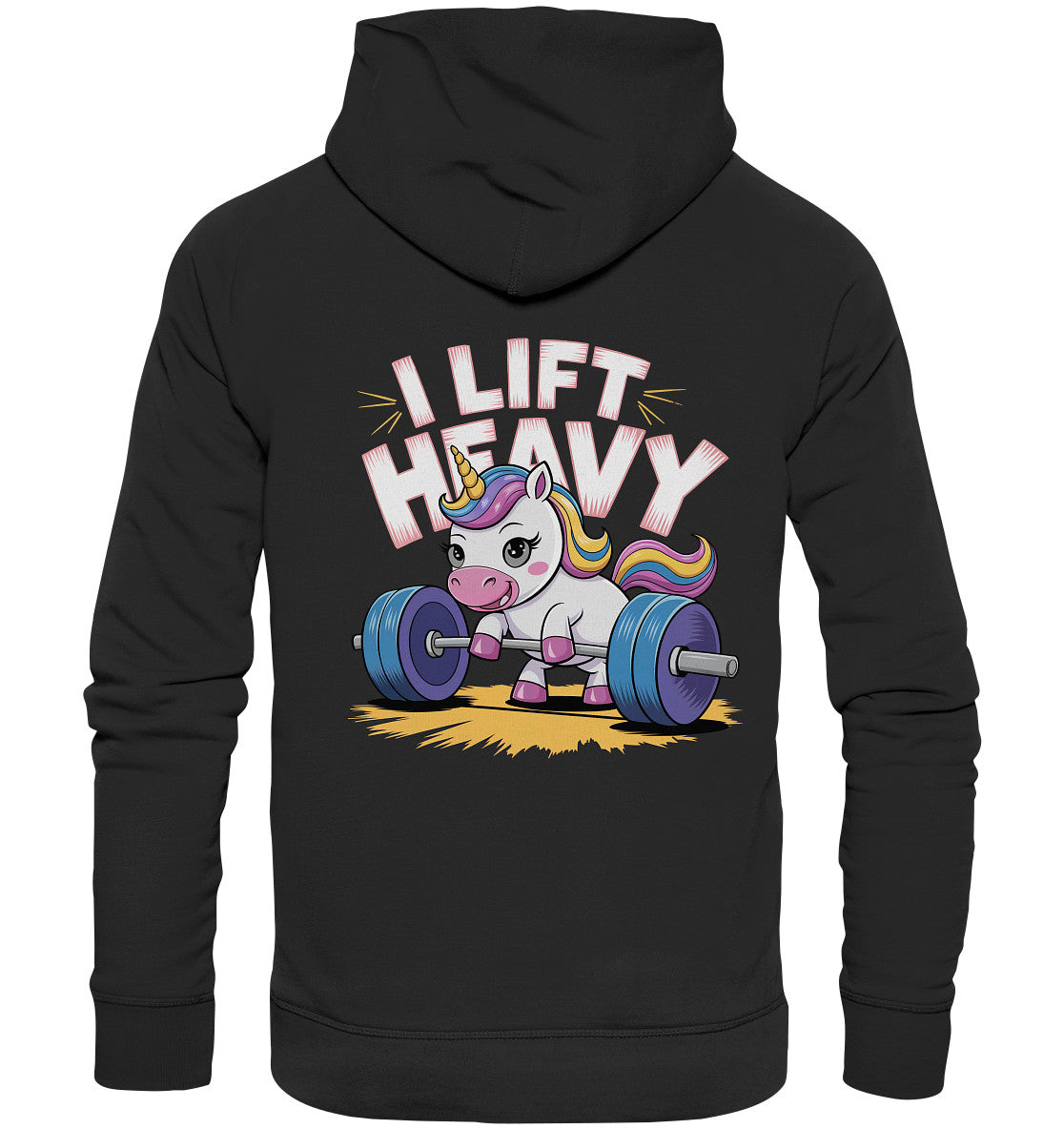 Beidseitig bedruckter Hoodie - Einhorn beim Gewichtheben mit Spruch 'I Lift Heavy' - Premium Unisex Hoodie