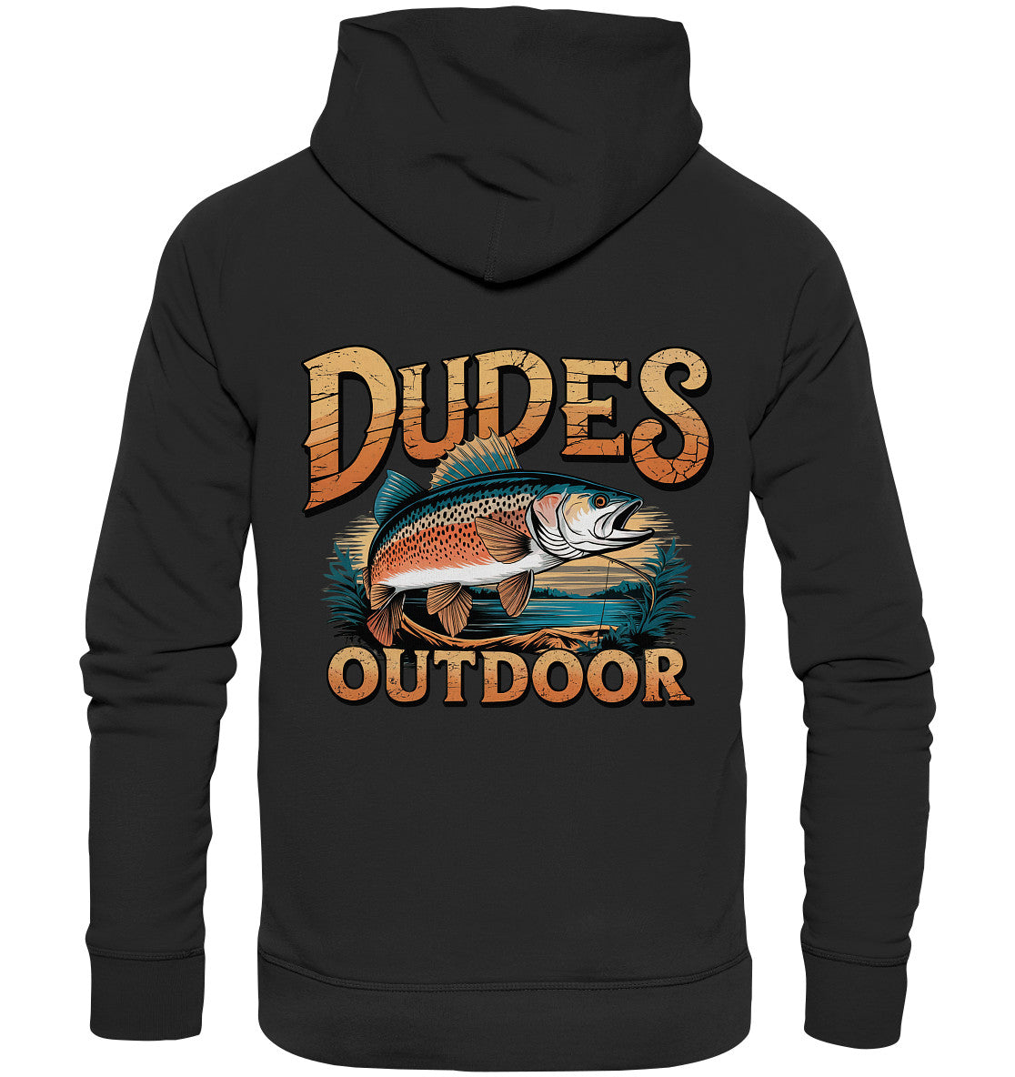 Exklusiver 'Dudes Outdoor' Hoodie – Fischmotiv & cooler Schriftzug, beidseitig bedruckt - Premium Unisex Hoodie