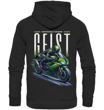 Stylischer Hoodie mit grünem Motorrad-Motiv und inspirierendem Spruch: Entfessle deinen Geist - Premium Unisex Hoodie