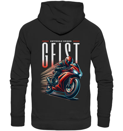 Biker Hoodie mit rotem Motorradmotiv & Spruch 'Entfessle deinen Geist' - Premium Unisex Hoodie