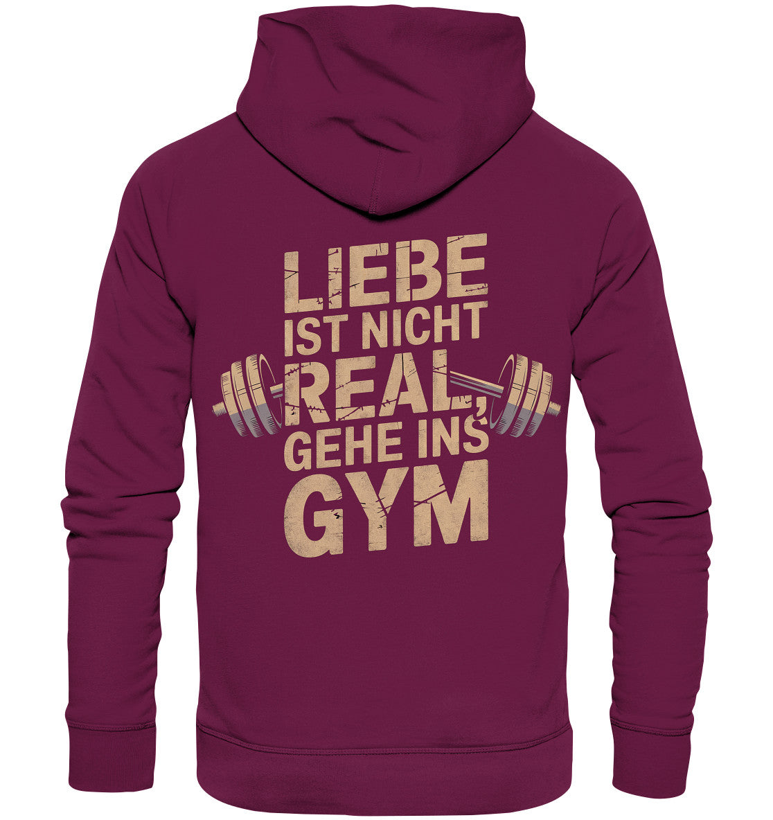 Hoodie mit Hantel-Motiv und Spruch 'Liebe ist nicht real, gehe ins Gym' - Gym Lover's Fashion - Premium Unisex Hoodie