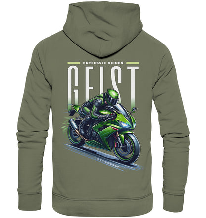 Stylischer Hoodie mit grünem Motorrad-Motiv und inspirierendem Spruch: Entfessle deinen Geist - Premium Unisex Hoodie