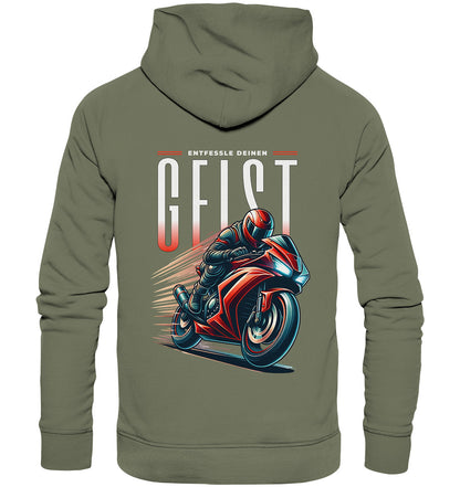 Biker Hoodie mit rotem Motorradmotiv & Spruch 'Entfessle deinen Geist' - Premium Unisex Hoodie