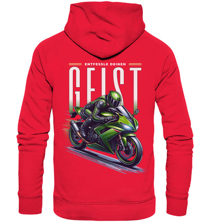 Stylischer Hoodie mit grünem Motorrad-Motiv und inspirierendem Spruch: Entfessle deinen Geist - Premium Unisex Hoodie