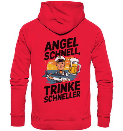 Hoodie mit Spruch 'Angel schnell, trinke schneller' - Perfekt für Angler | Angler Fisch und Bier Motiv | Beidseitig bedruckt - Premium Unisex Hoodie