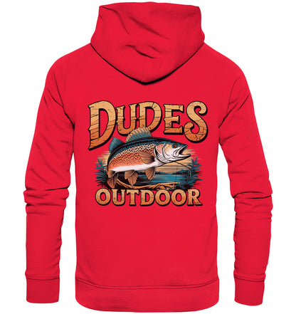 Exklusiver 'Dudes Outdoor' Hoodie – Fischmotiv & cooler Schriftzug, beidseitig bedruckt - Premium Unisex Hoodie