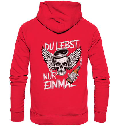 YOLO Statement Hoodie: Du lebst nur einmal mit rauchendem Totenkopf, Flügeln, Zigarette und Alkohol - Premium Unisex Hoodie