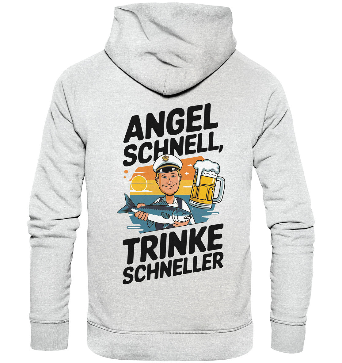 Hoodie mit Spruch 'Angel schnell, trinke schneller' - Perfekt für Angler | Angler Fisch und Bier Motiv | Beidseitig bedruckt - Premium Unisex Hoodie