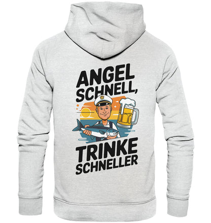 Hoodie mit Spruch 'Angel schnell, trinke schneller' - Perfekt für Angler | Angler Fisch und Bier Motiv | Beidseitig bedruckt - Premium Unisex Hoodie