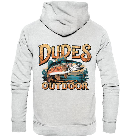 Exklusiver 'Dudes Outdoor' Hoodie – Fischmotiv & cooler Schriftzug, beidseitig bedruckt - Premium Unisex Hoodie