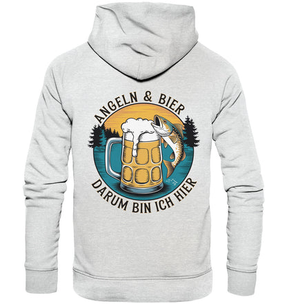 Cooler Hoodie mit witzigem Angler-Spruch: Angeln und Bier – Darum bin ich hier | Perfekt für Fisch- und Bierliebhaber - Premium Unisex Hoodie