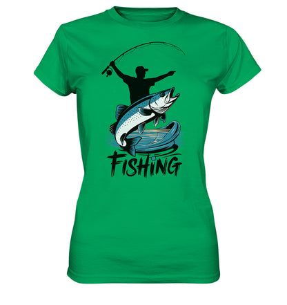 Damen Angler T-Shirt - Stylisches Design mit Angelmotiv & 'Fishing' Spruch - Ladies Premium Shirt