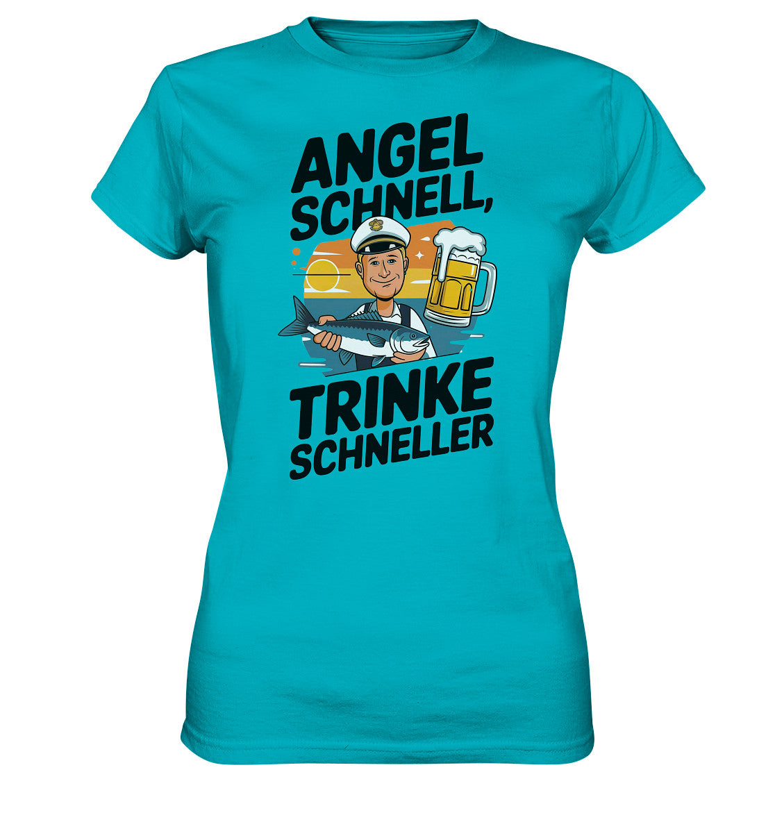 Lustiges Damen-Shirt 'Angel schnell, trinke schneller' mit Angler Fisch und Bier Motiv - Ladies Premium Shirt