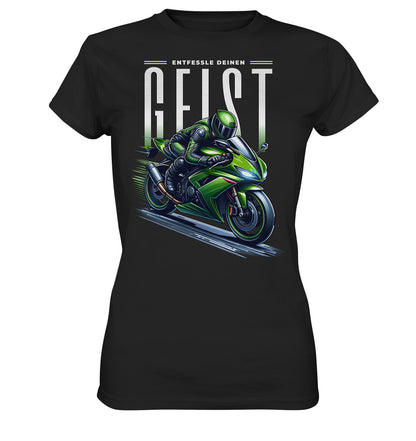 Ladys Premium Shirt - Grünes Motorrad Motiv mit inspirierendem Spruch: 'Entfessle deinen Geist'