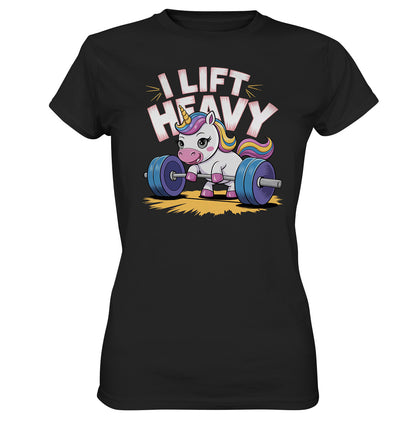 Lustiges Damen T-Shirt: Einhorn beim Gewichtheben - 'I Lift Heavy' - Ladies Premium Shirt