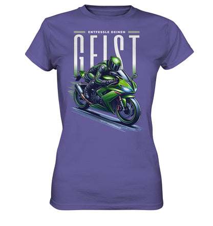 Ladys Premium Shirt - Grünes Motorrad Motiv mit inspirierendem Spruch: 'Entfessle deinen Geist'