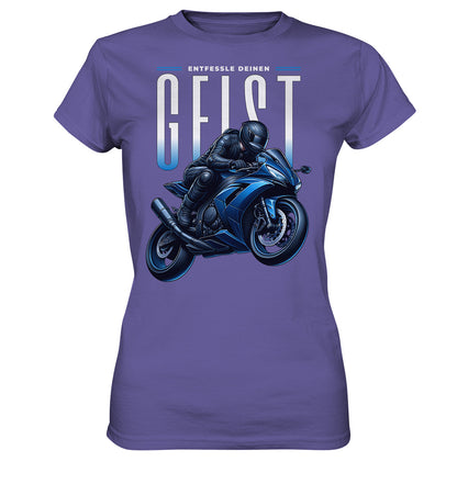 Entfessle deinen Geist - Damen Shirt für abenteuerlustige Motorradfahrer, blaues Motorrad - Ladies Premium Shirt