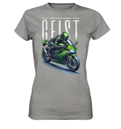 Ladys Premium Shirt - Grünes Motorrad Motiv mit inspirierendem Spruch: 'Entfessle deinen Geist'