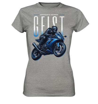 Entfessle deinen Geist - Damen Shirt für abenteuerlustige Motorradfahrer, blaues Motorrad - Ladies Premium Shirt