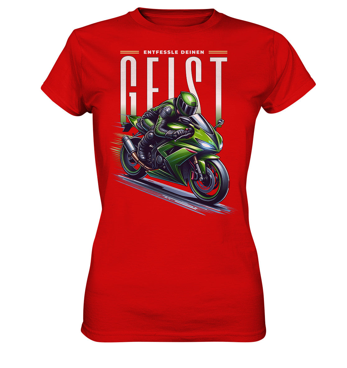 Ladys Premium Shirt - Grünes Motorrad Motiv mit inspirierendem Spruch: 'Entfessle deinen Geist'