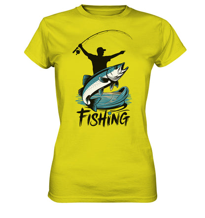 Damen Angler T-Shirt - Stylisches Design mit Angelmotiv & 'Fishing' Spruch - Ladies Premium Shirt