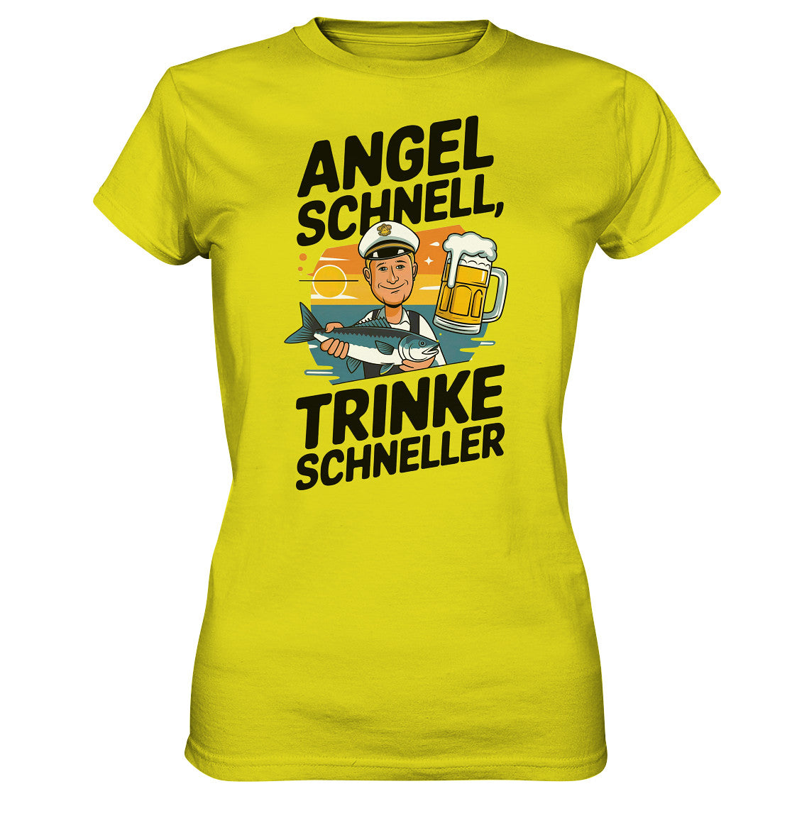 Lustiges Damen-Shirt 'Angel schnell, trinke schneller' mit Angler Fisch und Bier Motiv - Ladies Premium Shirt