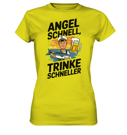 Lustiges Damen-Shirt 'Angel schnell, trinke schneller' mit Angler Fisch und Bier Motiv - Ladies Premium Shirt