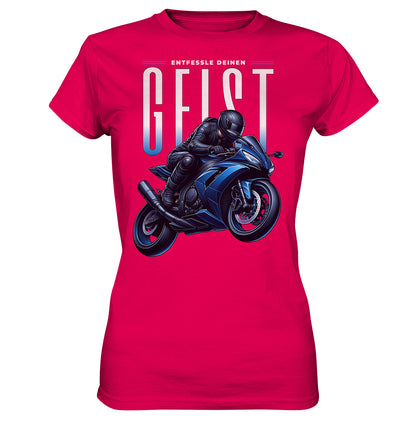 Entfessle deinen Geist - Damen Shirt für abenteuerlustige Motorradfahrer, blaues Motorrad - Ladies Premium Shirt