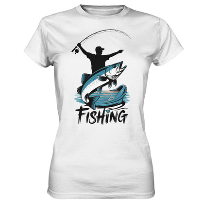 Damen Angler T-Shirt - Stylisches Design mit Angelmotiv & 'Fishing' Spruch - Ladies Premium Shirt