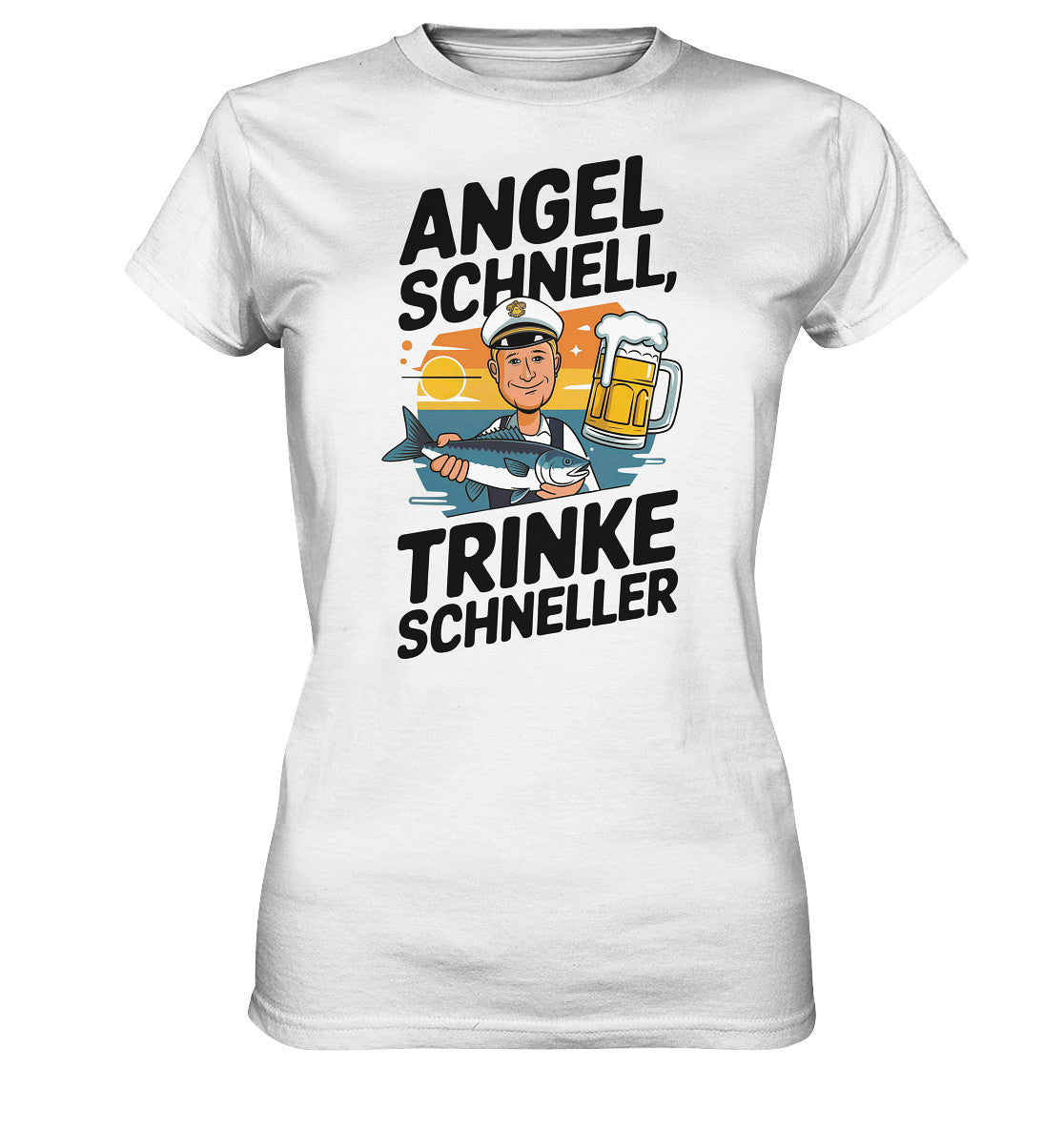 Lustiges Damen-Shirt 'Angel schnell, trinke schneller' mit Angler Fisch und Bier Motiv - Ladies Premium Shirt