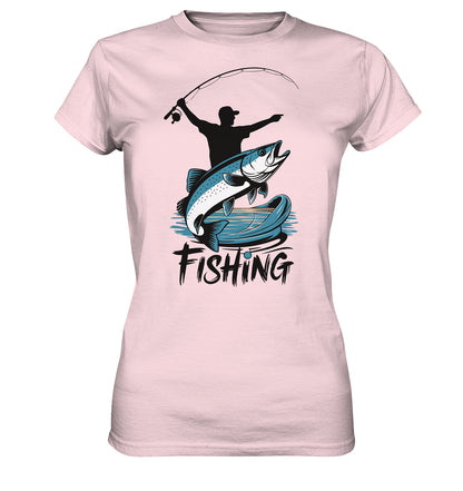 Damen Angler T-Shirt - Stylisches Design mit Angelmotiv & 'Fishing' Spruch - Ladies Premium Shirt