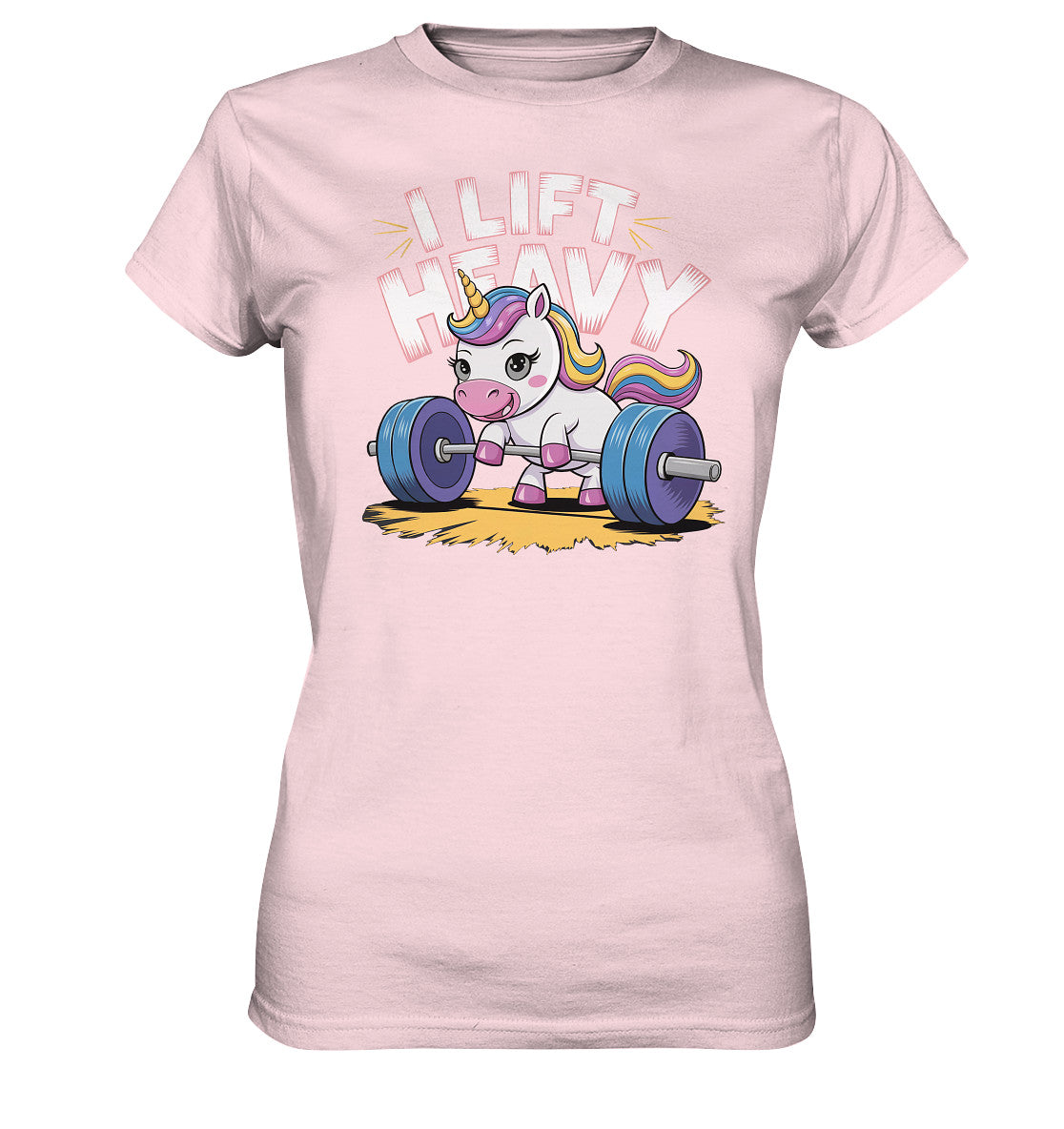 Lustiges Damen T-Shirt: Einhorn beim Gewichtheben - 'I Lift Heavy' - Ladies Premium Shirt