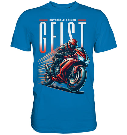 T-Shirt mit rotem Motorrad Motiv - Entfessle deinen Geist | Perfekte Motorradbekleidung für Biker und Motorradfahrer - Premium Shirt