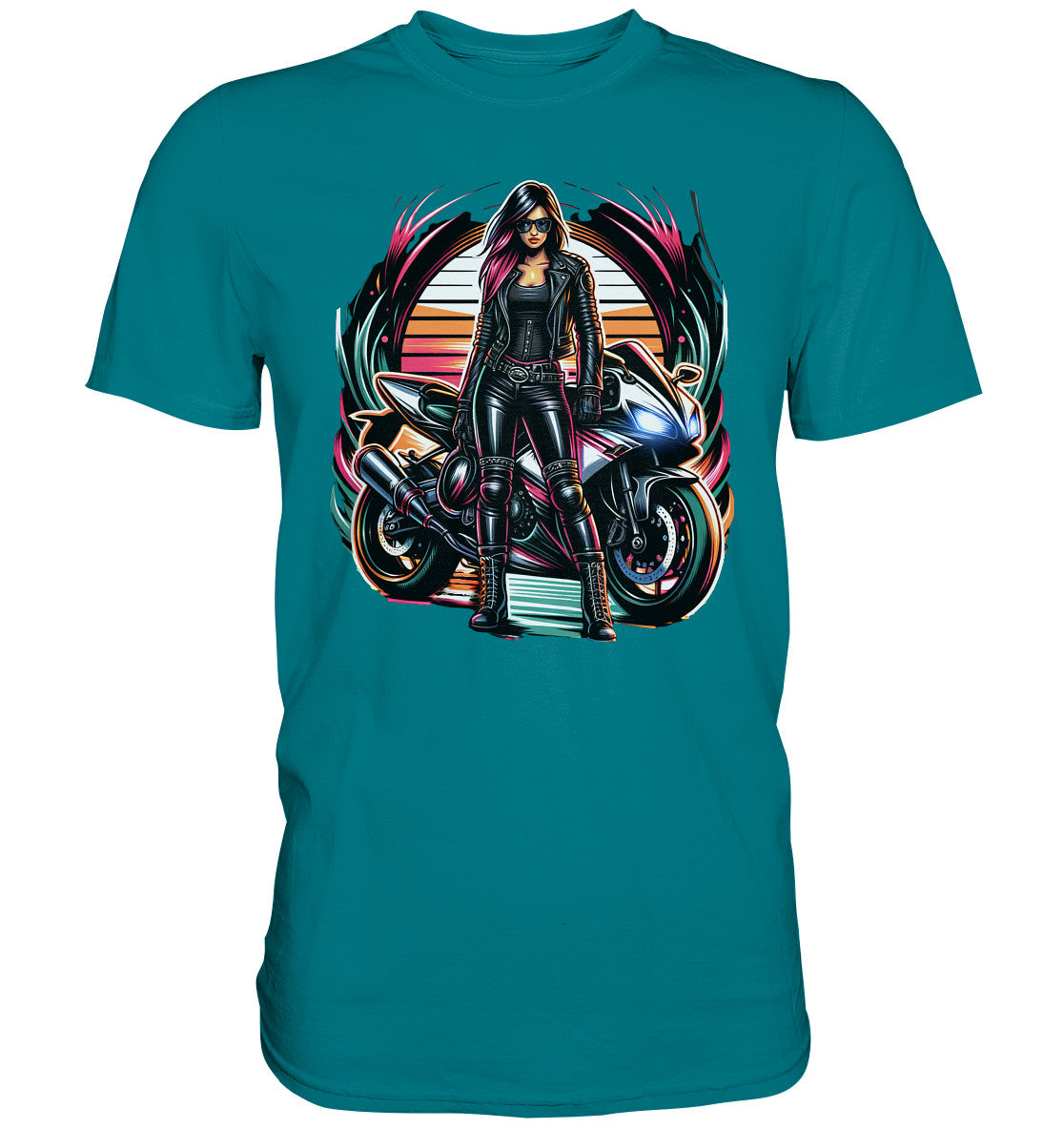 Exklusives T-Shirt mit atemberaubendem Motorraddesign - Frau in Leder vor dem Motorrad - Premium Shirt