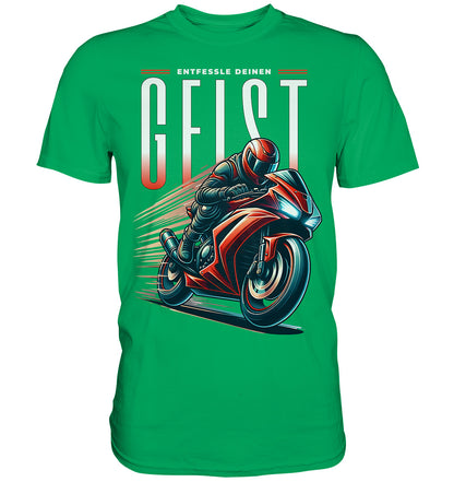 T-Shirt mit rotem Motorrad Motiv - Entfessle deinen Geist | Perfekte Motorradbekleidung für Biker und Motorradfahrer - Premium Shirt