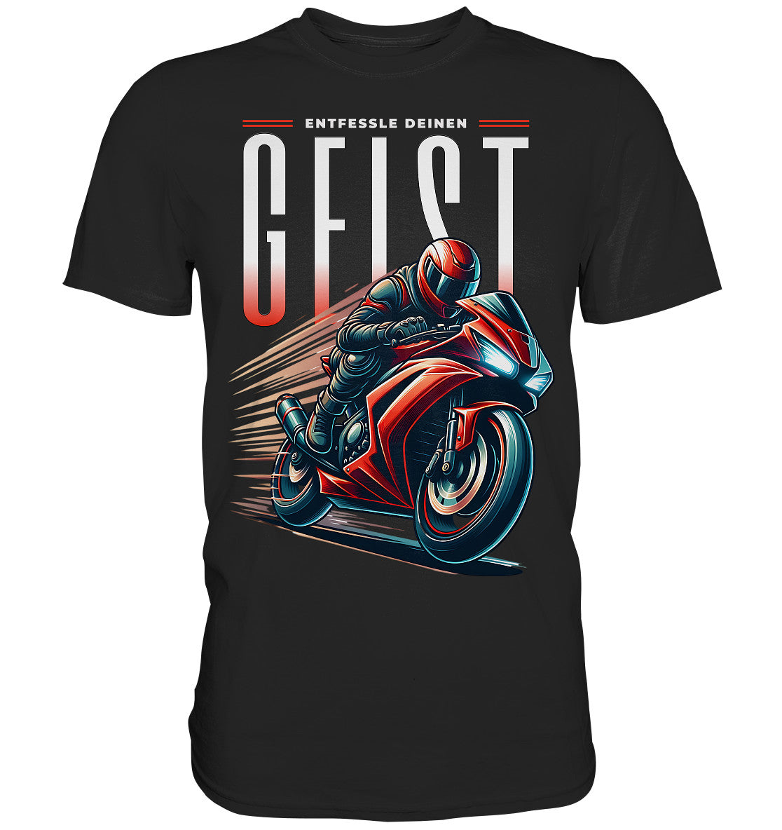 T-Shirt mit rotem Motorrad Motiv - Entfessle deinen Geist | Perfekte Motorradbekleidung für Biker und Motorradfahrer - Premium Shirt