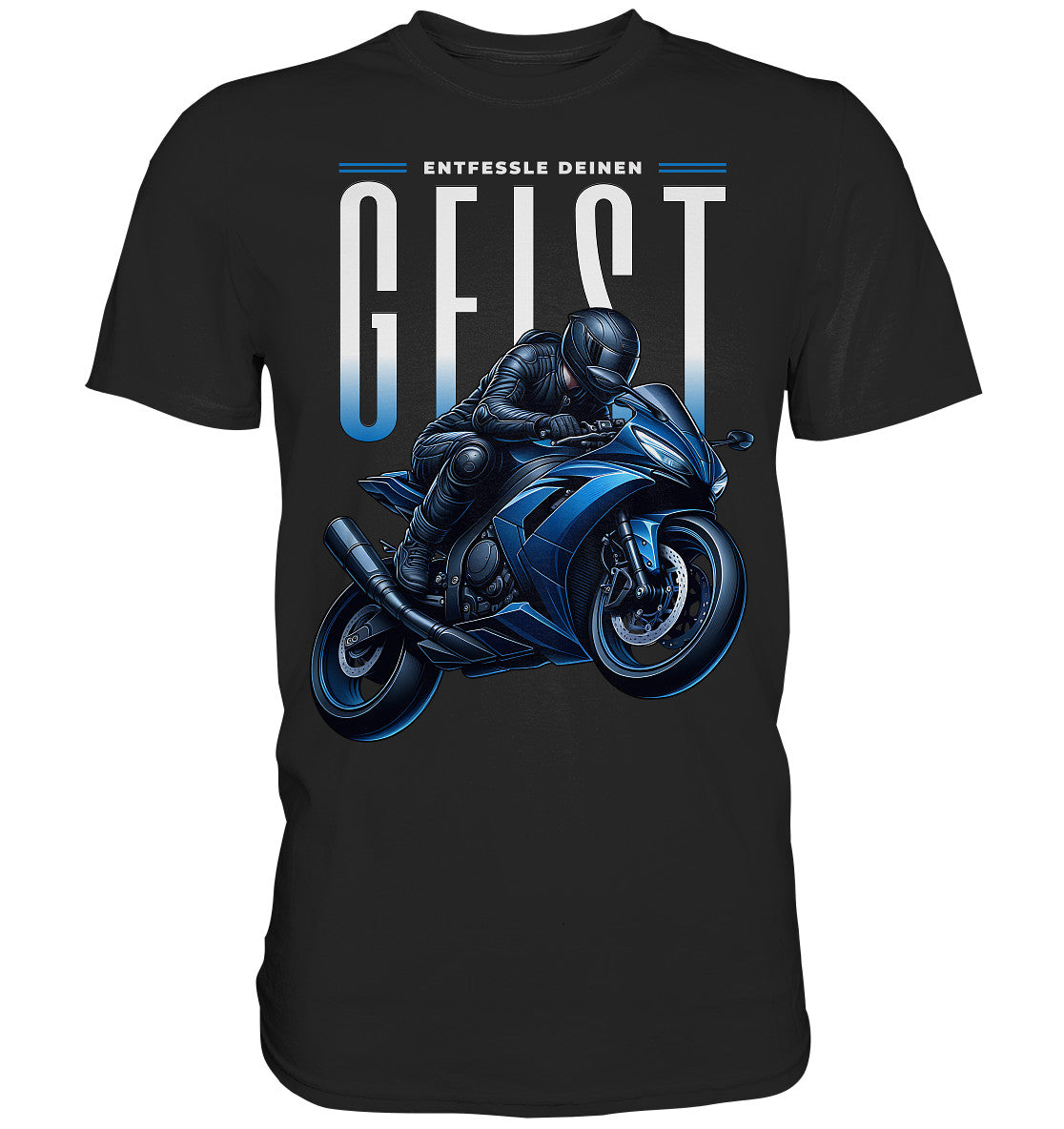 Biker-Shirt mit blauem Motorrad - Entfessle deinen Geist - Premium Shirt