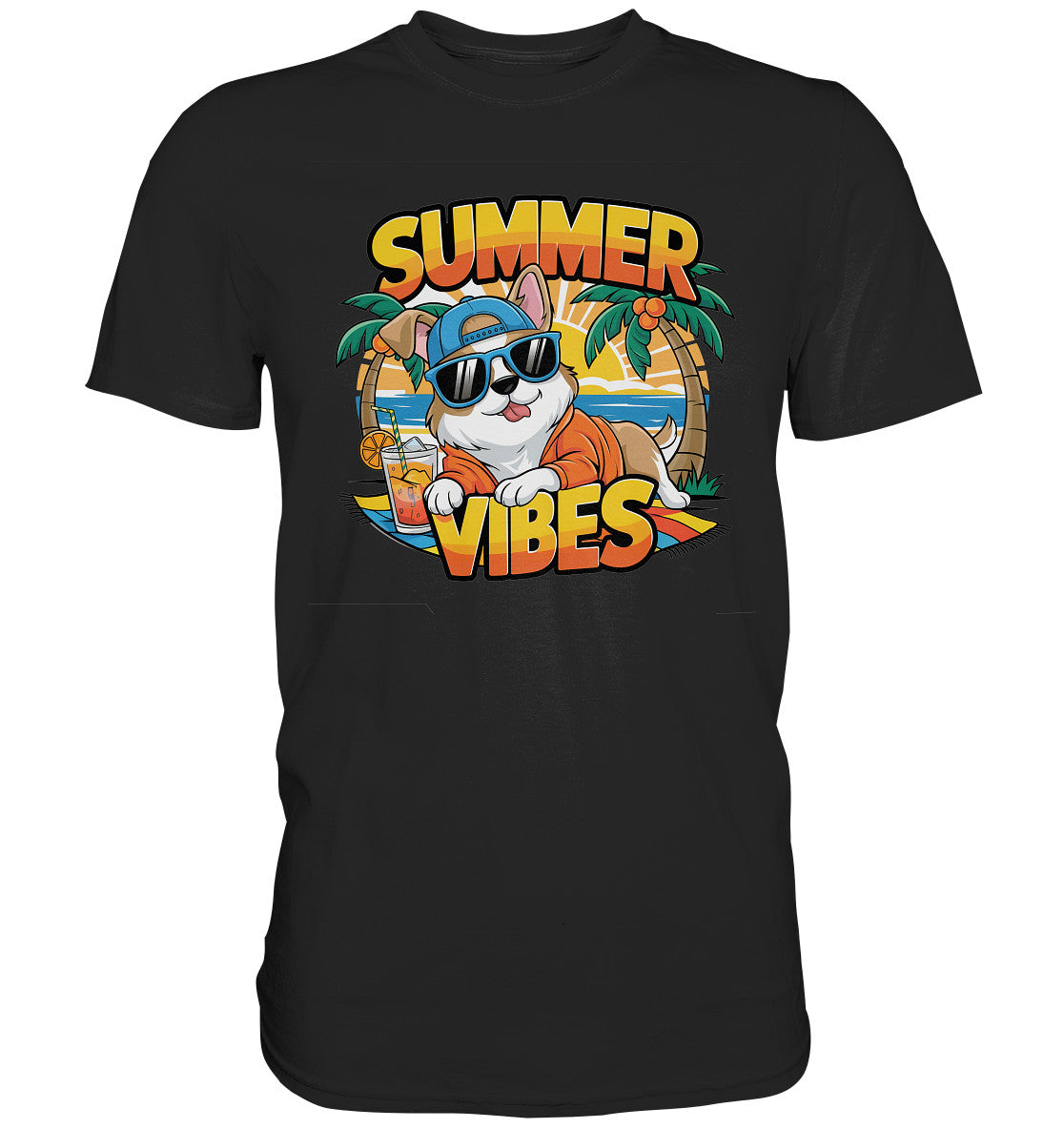 Sommerliches Cartoon-T-Shirt mit coolem Hund Summer Vibes - Premium Shirt