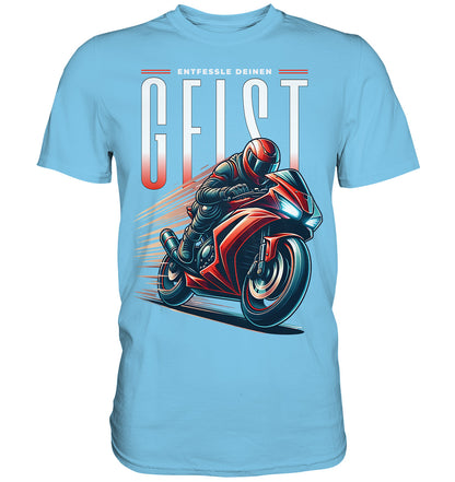 T-Shirt mit rotem Motorrad Motiv - Entfessle deinen Geist | Perfekte Motorradbekleidung für Biker und Motorradfahrer - Premium Shirt