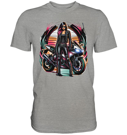 Exklusives T-Shirt mit atemberaubendem Motorraddesign - Frau in Leder vor dem Motorrad - Premium Shirt