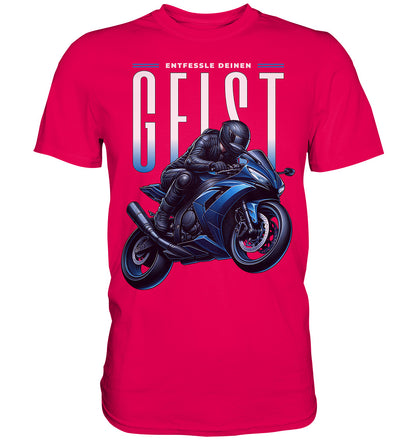 Biker-Shirt mit blauem Motorrad - Entfessle deinen Geist - Premium Shirt