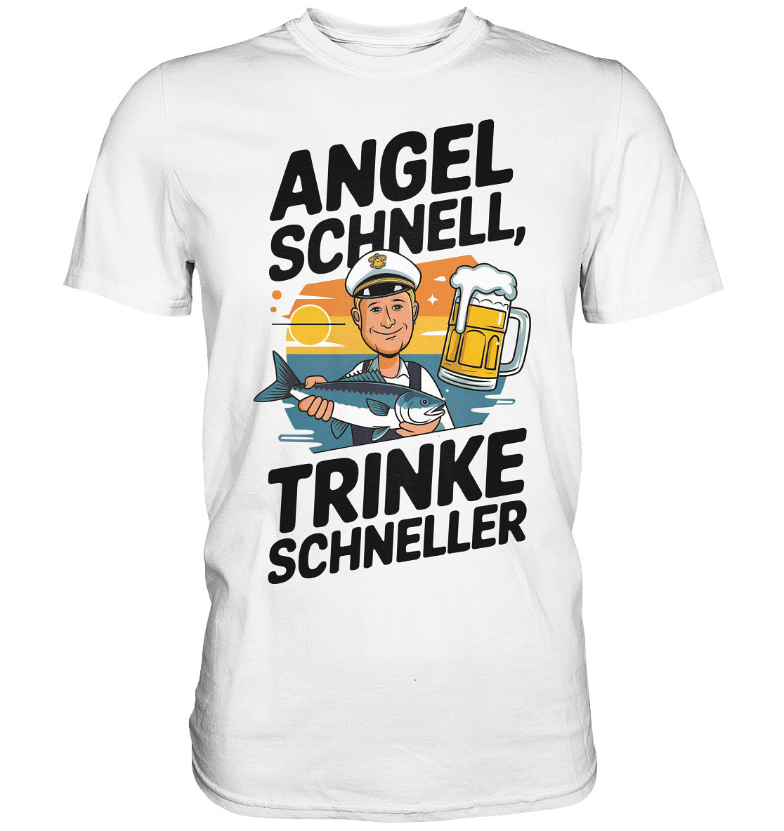 Lustiges Angler T-Shirt mit Spruch: 'Angel schnell, trinke schneller' - Premium Shirt